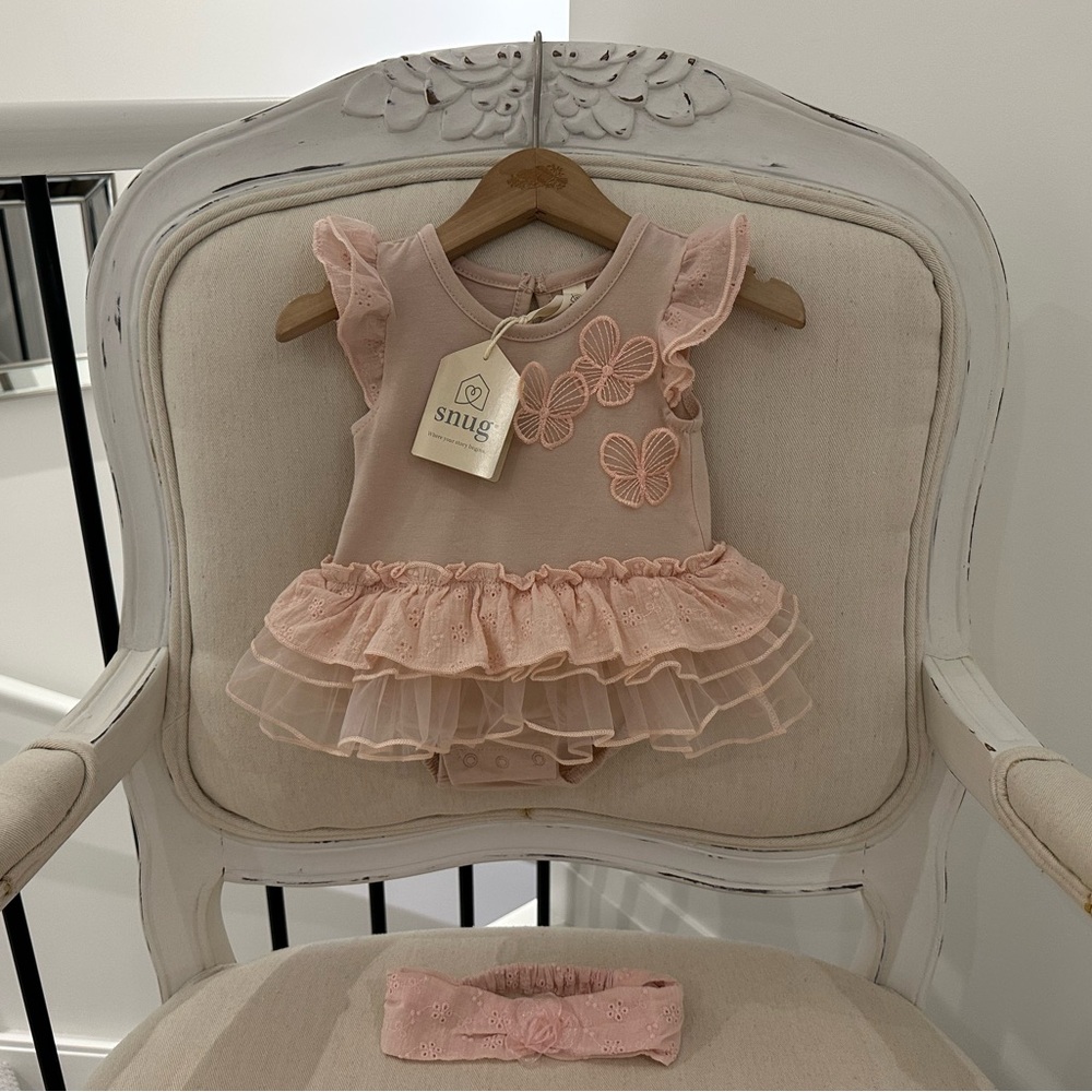 🩰 0~3 Mth Pink Tulle Ruffled Baby Dress with Matching Headband NWT